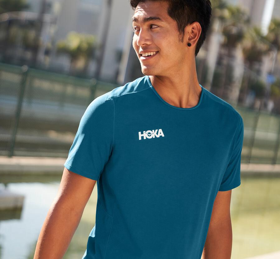 Tops Mens - Hoka One One Performance Short Sleeve - Blue - KZFHRVI-37